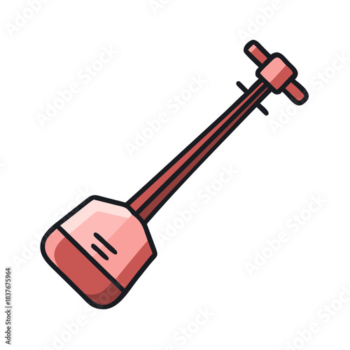 Japanese shamisen instrument in pink and red flat line style