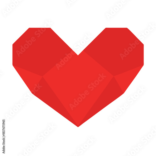 Red origami heart in geometric folded paper style