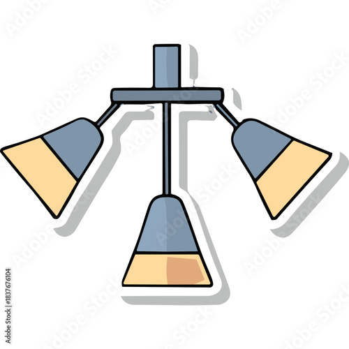 Three light gray and beige cone shaped lamps on a gray ceiling mount fixture with soft yellow light glowing from the shades against a dark background with white outline and shadow