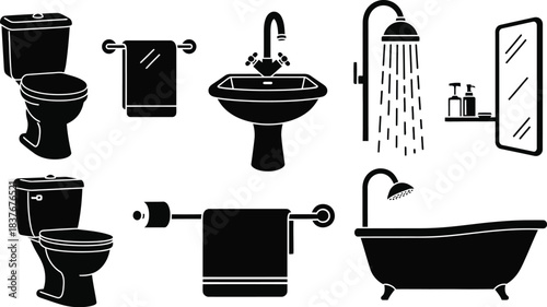 Black bathroom fixtures collection including toilet sink tub on transparent background silhouette