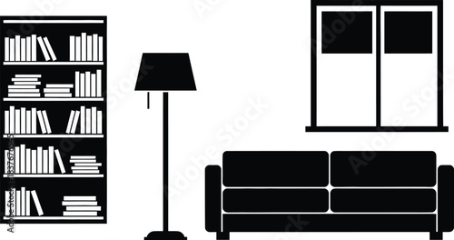 Minimalist furniture arrangement with bookshelf lamp sofa and window on transparent background silhouette