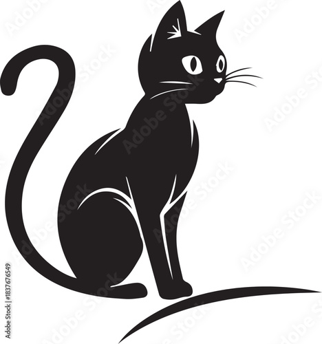 A sleek and minimalist illustration of a black cat, designed with smooth curves and clean lines. The cat’s large expressive eyes, long whiskers, and gracefully curved tail give it a lively and elegant