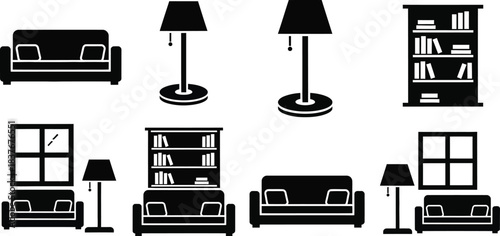 Black furniture icons with lamps sofas and bookshelves on transparent background silhouette