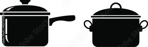 Two black cookware pots with lids a stylish silhouette on transparent background