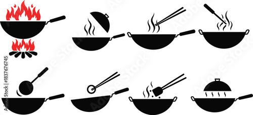 Various cooking utensils and pans in black silhouette on transparent background