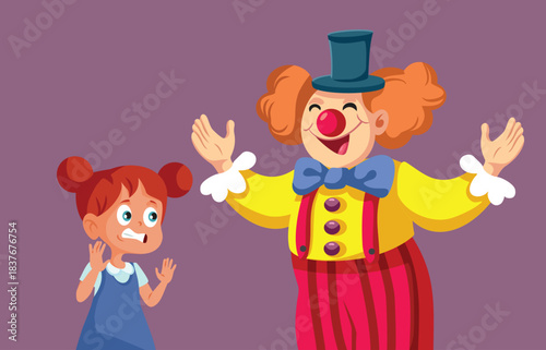 Little Kid having a Phobia of Clowns Vector Illustration.  Girl screaming suffering from  coulrophobia being frightened 
