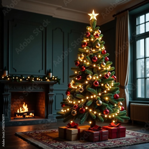 Warm and Inviting Holiday Scene Featuring a Generously Decorated Christmas Tree with Glowing Lights, Surrounded by Gift Boxes, with a Cozy Fireplace in the Background Creating a Festive Ambiance