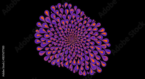 A mesmerizing abstract graphic features vibrant purple and orange teardrop shapes dynamically spiraling outwards, creating an energetic, hypnotic pattern on a black background.
