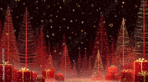 Snowy forest christmas trees with red gifts and golden holiday lights