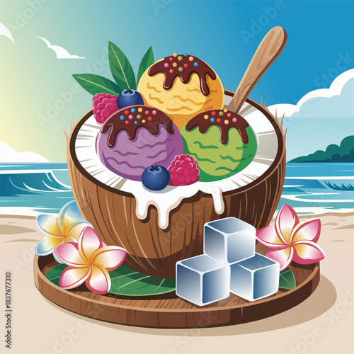 A refreshing ice cream sundae served in a coconut shell, adorned with berries, chocolate drizzle, and tropical flowers on a beach.