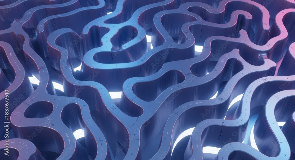 Fototapeta premium Intricate, winding pathways are illuminated from below in a complex, three dimensional maze structure.
