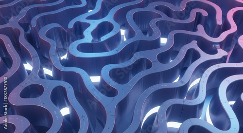 Fototapeta Naklejka Na Ścianę i Meble -  Intricate, winding pathways are illuminated from below in a complex, three dimensional maze structure.
