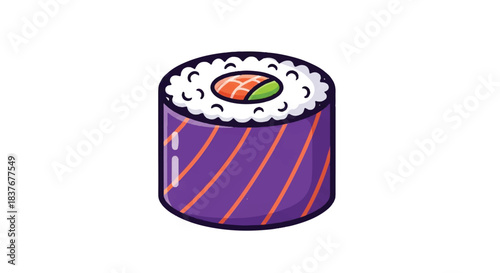 A single piece of sushi roll with purple nori and salmon filling.