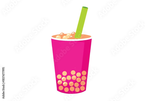 Pink Bubble Tea Drink with Tapioca Pearls and Green Straw.