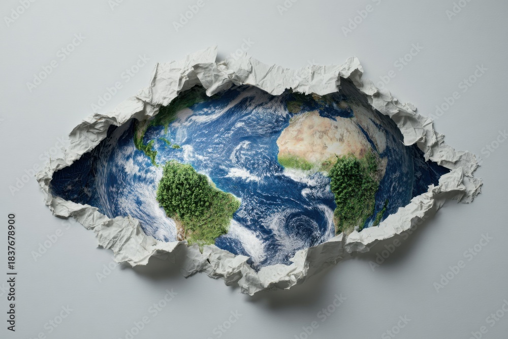 Fototapeta premium Conceptual representation of environmental protection showing a torn paper effect revealing the Earth with green landscapes and blue oceans in a creative and thought-provoking design