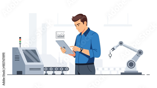 Man in factory, using tablet, oversees automated production line with a robotic arm and conveyor belt