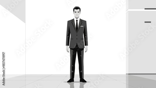 Man in suit standing on tiled floor against a gray-white background. Minimalist, cool tones