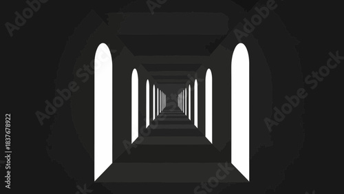 Monochrome corridor with arched openings receding into the distance, stylized with jagged lines