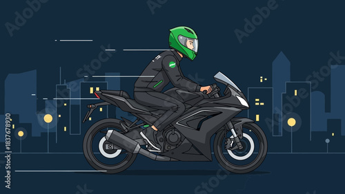 Motorcyclist on a dark motorcycle, rides at night with an abstract city background, wearing green helmet and jacket
