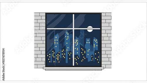 Night city view through window lit buildings, moon, dark sky, brick wall