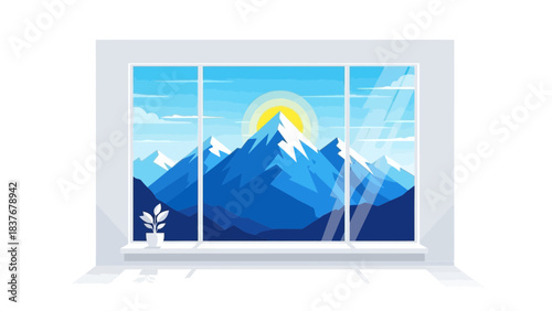 Mountains view through a window, with a potted plant on the windowsill. Graphic, geometric landscape scenery illustration