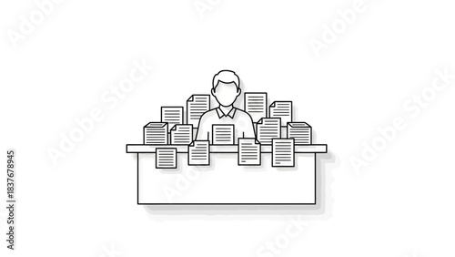 Outlined image shows a person overwhelmed at a desk piled with documents