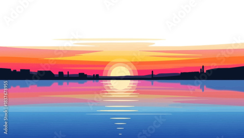 Pixel art landscape Sunset over water with city silhouette mirroring in water
