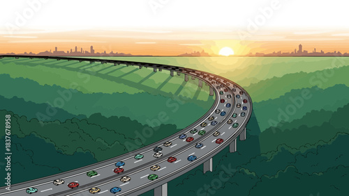 Pixel art shows an elevated highway curving toward a sunlit city over green forest