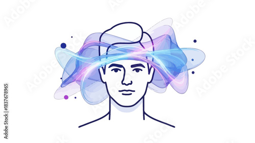 Person outline with colorful, abstract shapes emanating from head on white, symbolizing mental processing or innovation