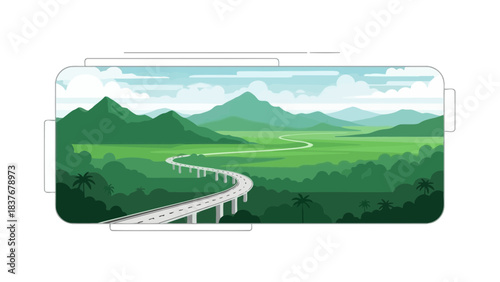 Road winds through a vibrant green landscape toward distant mountains, under a sky of pale blue clouds