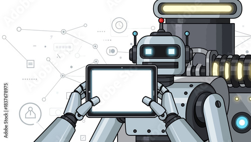 Robot holding a blank tablet with connection icons in the background, rendered in cartoon style