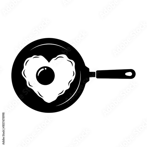 Frying pan holding a heart shaped fried egg vector silhouette for breakfast meal preparation isolated on white background