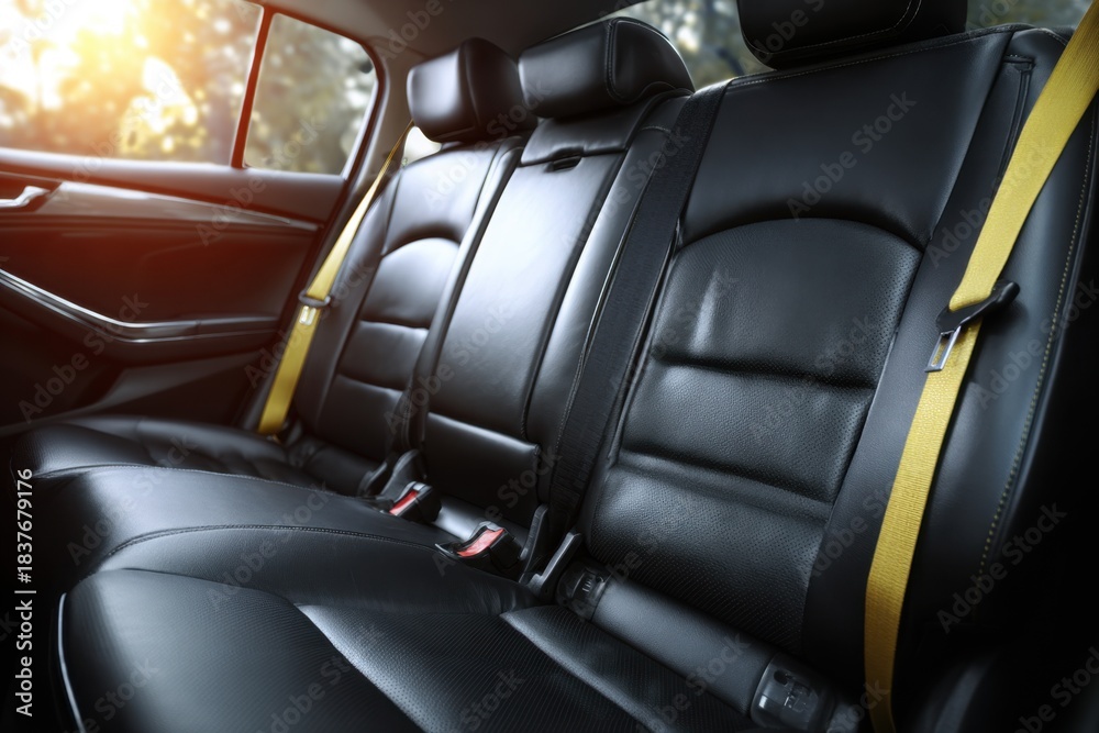 Obraz premium Modern car interior featuring sleek black leather seats and safety belts in a stylish setting with warm sunlight streaming through the windows