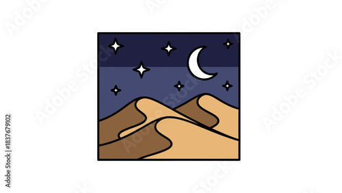 A simple, outlined square illustration of desert dunes under a starry night sky and crescent moon