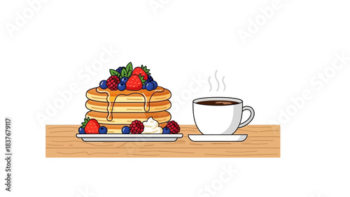 A stack of pancakes, berries, and coffee sit on a wooden table in this colorful digital illustration