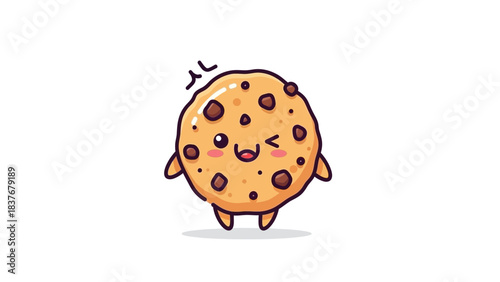 Adorable cartoon cookie with a winking expression and brown chocolate chips on a plain white background