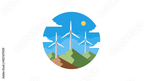 Cartoon scene with wind turbines on hills, blue sky, clouds, and a yellow sun, within a circle shape