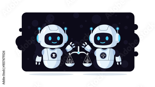 Cartoon robots are holding scales in front of a background with white circles