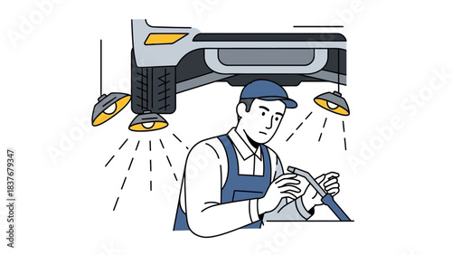 Cartoon-style auto mechanic fixing a car under three lamps, wearing a blue cap and blue overalls in a clean background