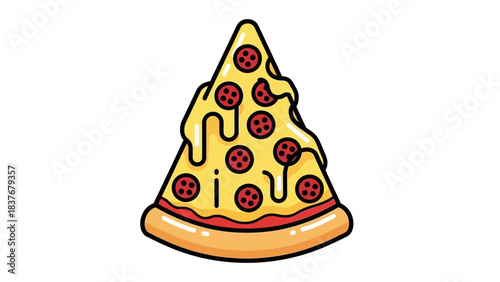 Cartoon style pizza slice with melted cheese and pepperoni on a white background