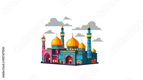 Colorful illustration of an elaborate, detailed Middle Eastern mosque with golden domes and minarets
