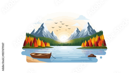Colorful mountain lake scene with a small boat, autumnal trees, and birds flying across the bright sun