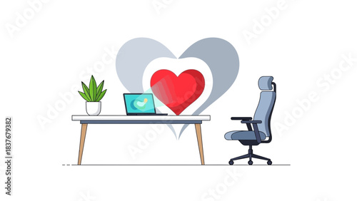 Desk with laptop, plant, chair, featuring gray, red heart shape background