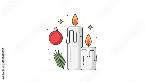 Festive holiday still life candles, ornament, pine branch, and sparkle on a clean white backdrop in a flat style