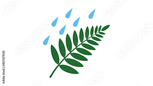 Graphic depicts rain falling upon a fern-like plant with dark green leaves, set against a clean white background