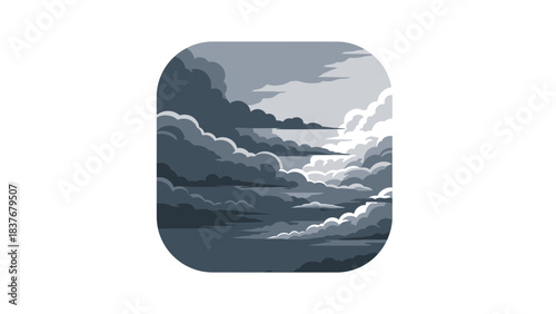 Grayscale pixel clouds in a rounded square create an ominous yet calming graphic design illustration