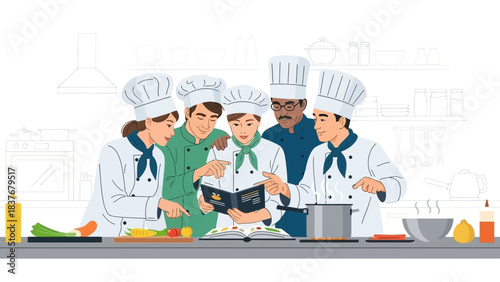 Group of chefs reviewing a recipe in a cookbook while preparing food in a kitchen
