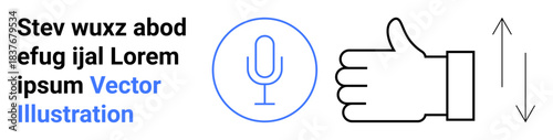 Voice recognition, user interface design, gesture interaction, accessibility, communication, technology concepts. Microphone icon with hand gesture and arrows. Voice recognition and user interface