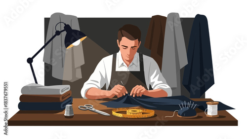 Illustrated tailor at work, stitching fabric, with cloth, lamp, scissors, and notions on a wooden table