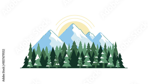 Illustration featuring mountains, evergreen trees, and a stylized sun on a white background